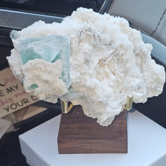 Big green fluorite cube in creedite and calcite matrix - Picture 4 of 16